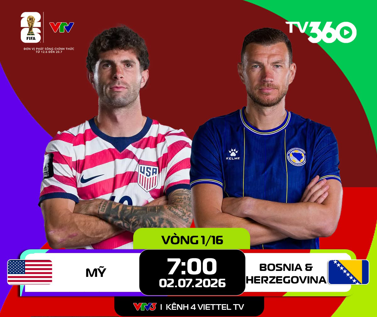 Link xem trực tiếp Mỹ - Bosnia và Herzegovina (vòng 1/16 World Cup 2026)